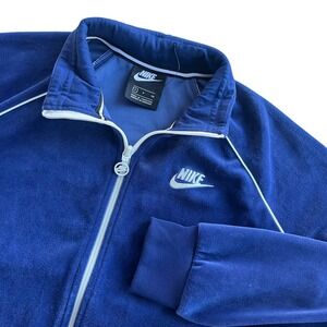 Nike Womens S Navy Blue Velour Embroidered Swoosh Logo Track Jacket Full Zip Y2K